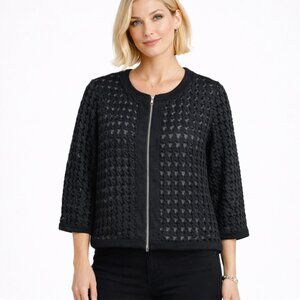 Damee Inc. size small black collarless zip front jacket 3/4 sleeves